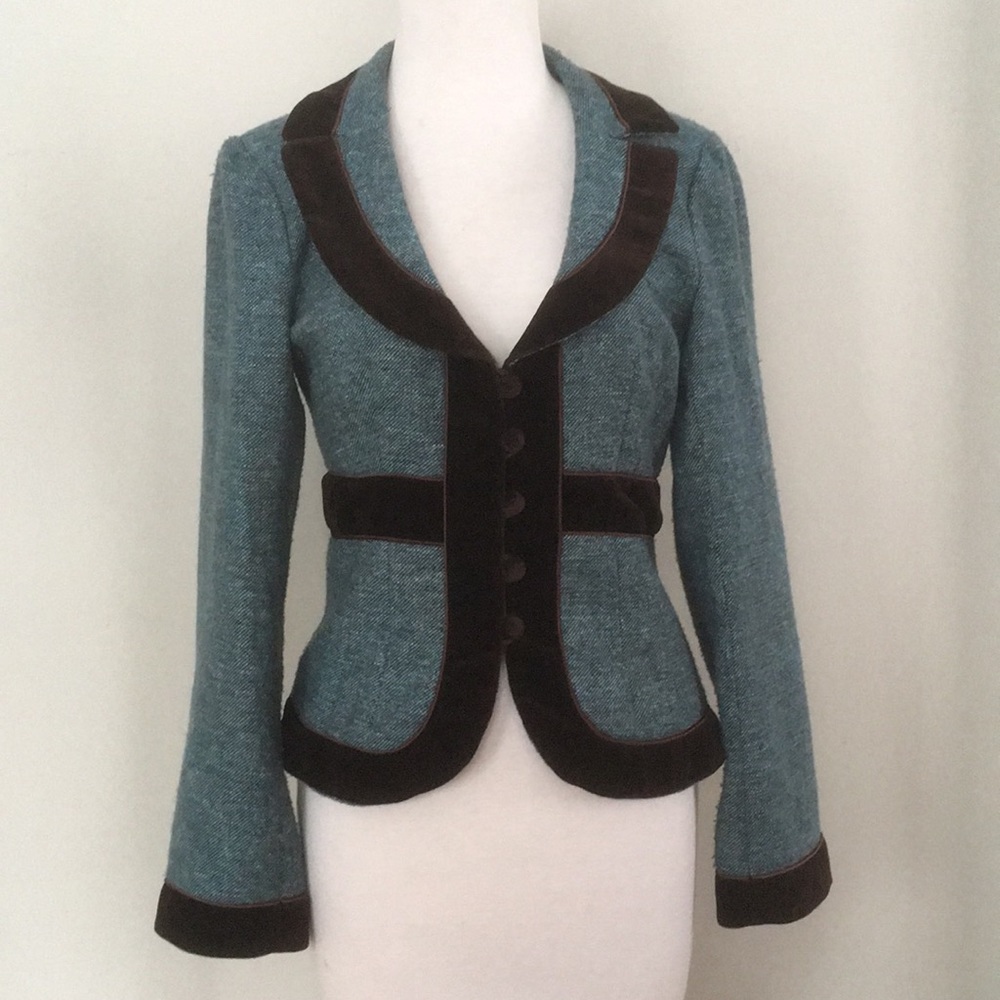 Nanette Lepore Blue Brown Velvet Trim Blazer 8